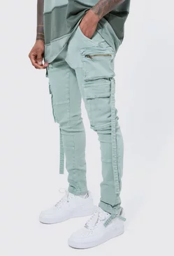 Sage Green Super Skinny Stretch Strap Detail Cargo Jeans