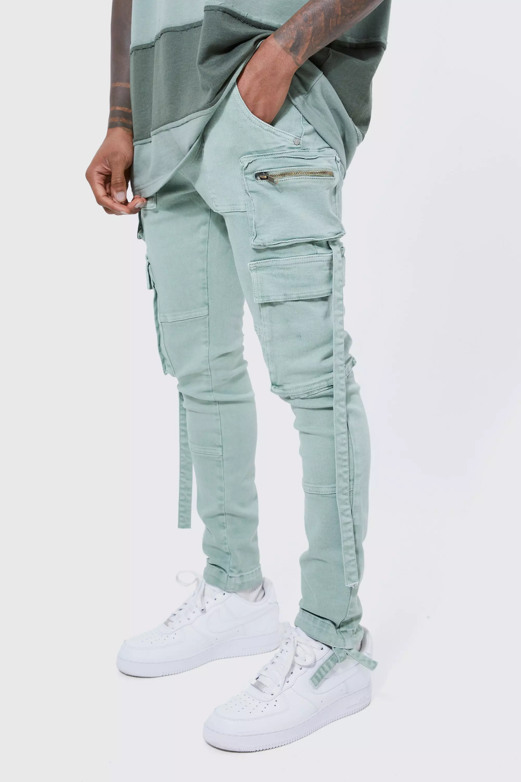 Sage Green Super Skinny Stretch Strap Detail Cargo Jeans