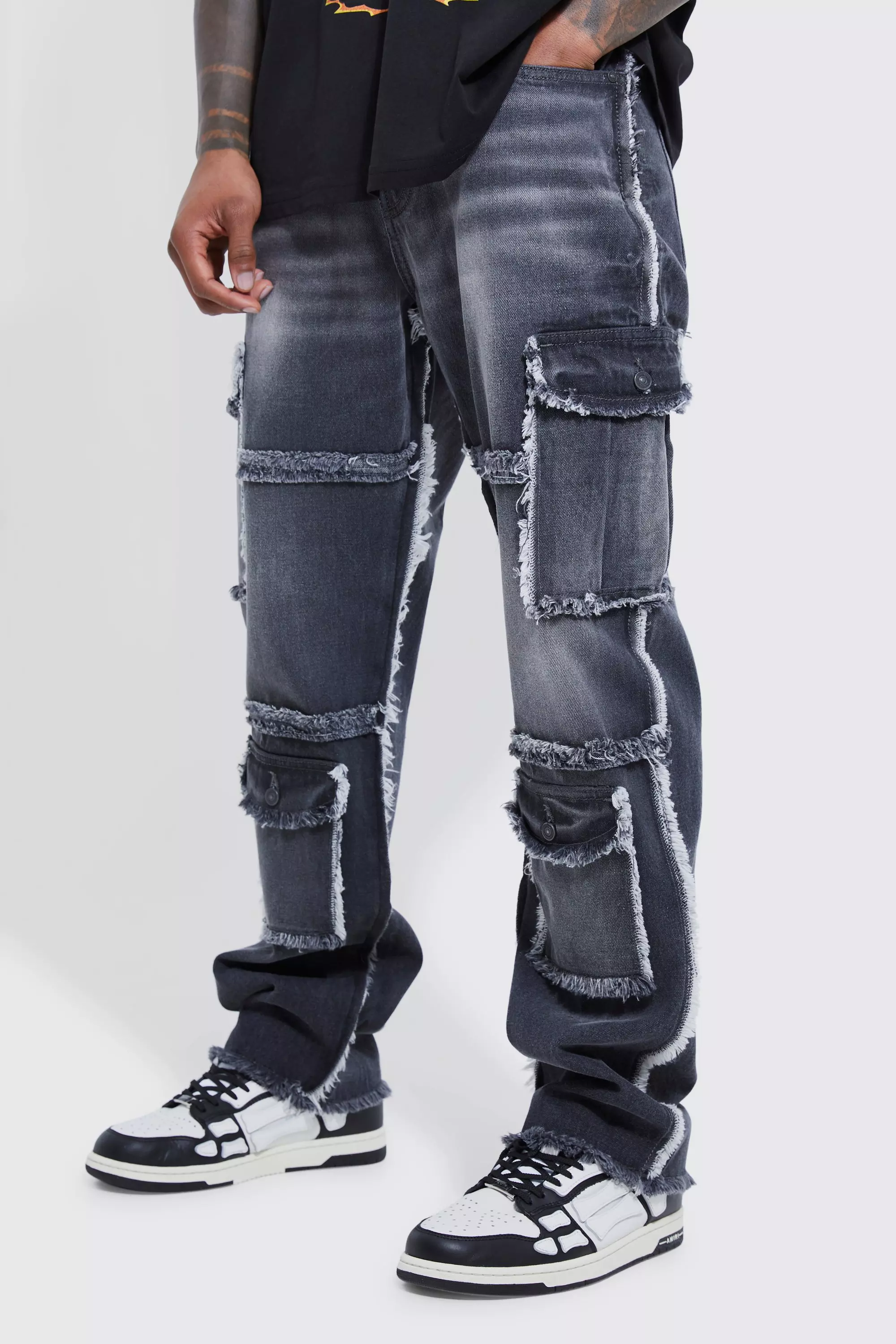 Relaxed Rigid Frayed Multi Cargo Jeans Charcoal