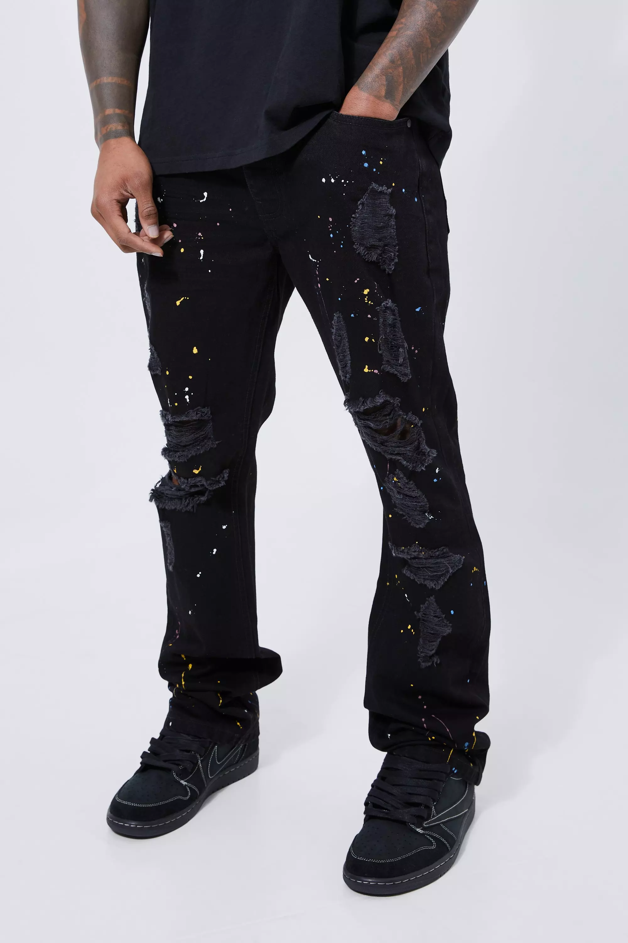 Black Slim Rigid Flare Paint Splat Jeans