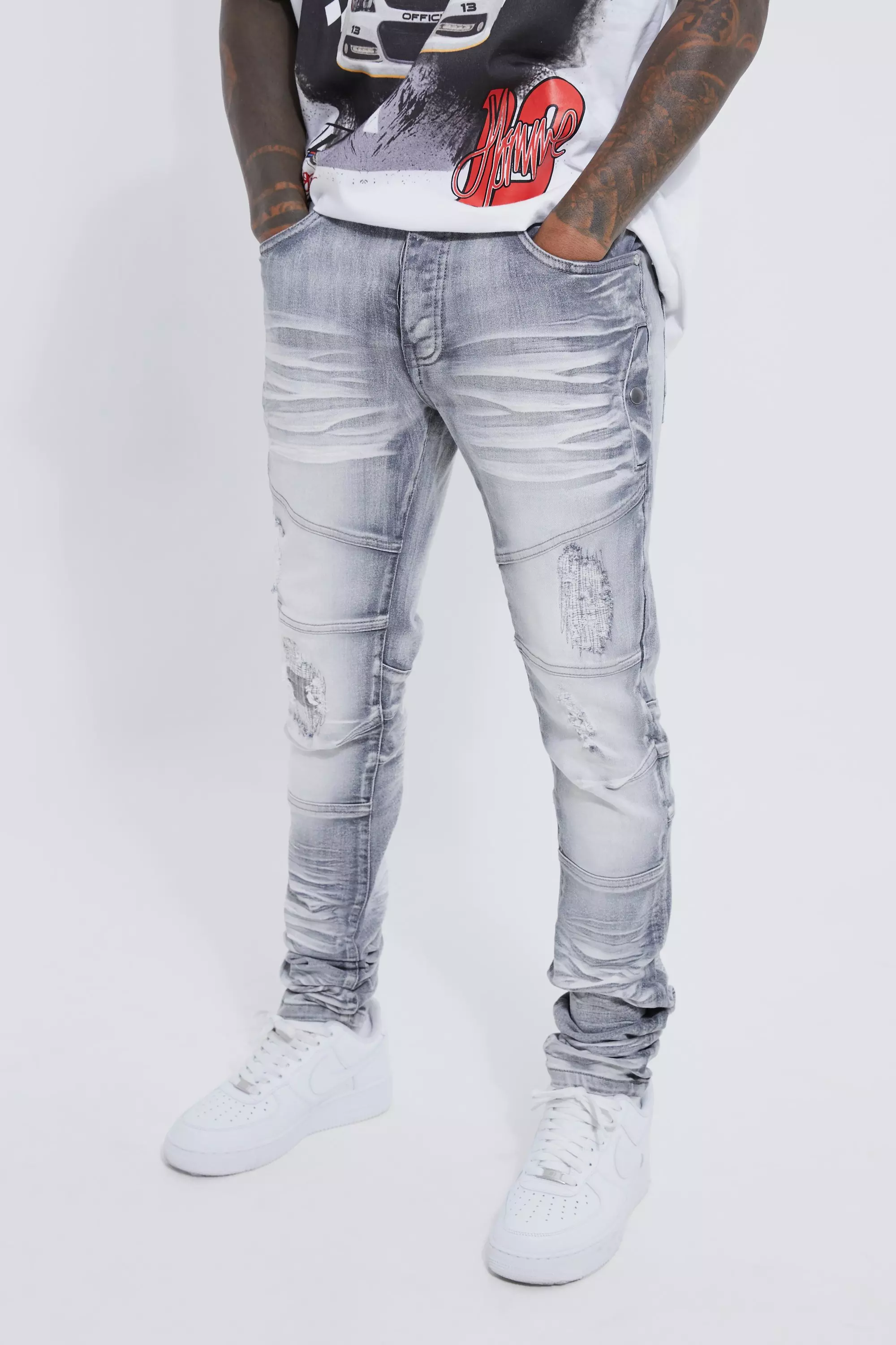 Grey Skinny Stretch Heavy Bleached Ripped Jean