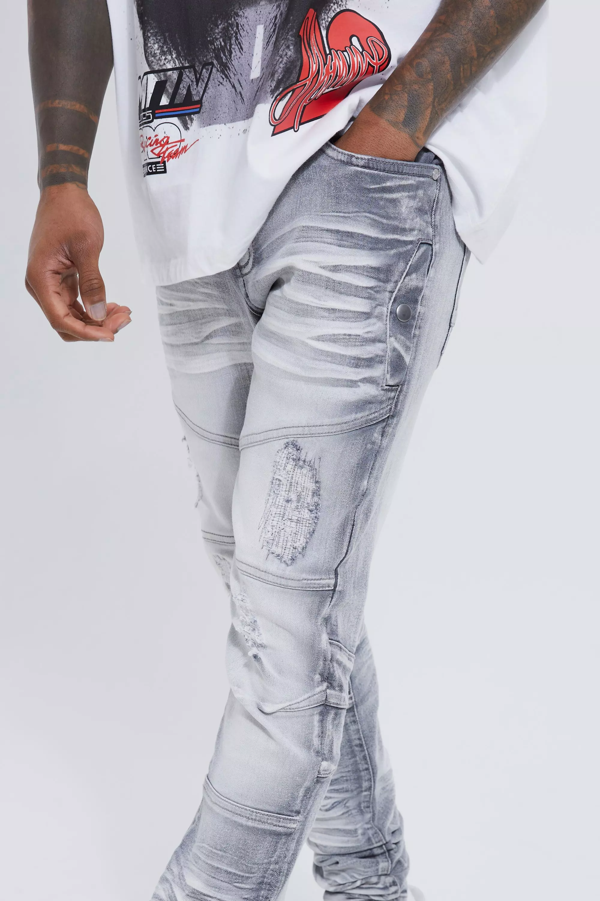 Jean skinny stretch surteint déchiré, Ice grey autre image