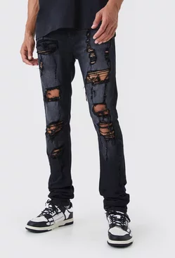 Tall Skinny Stretch All Over Rip Stacked Jeans Washed black