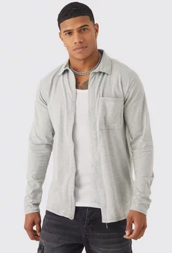Grey Concealed Placket Zip Through Jersey Overshirt