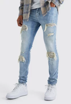 Skinny Exploded Knee Stacked Biker Jeans Ice blue