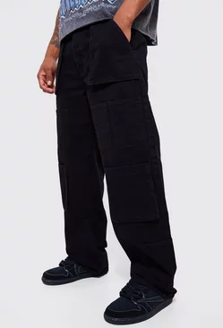 Black Baggy Fit Multi Cargo Pocket Jeans