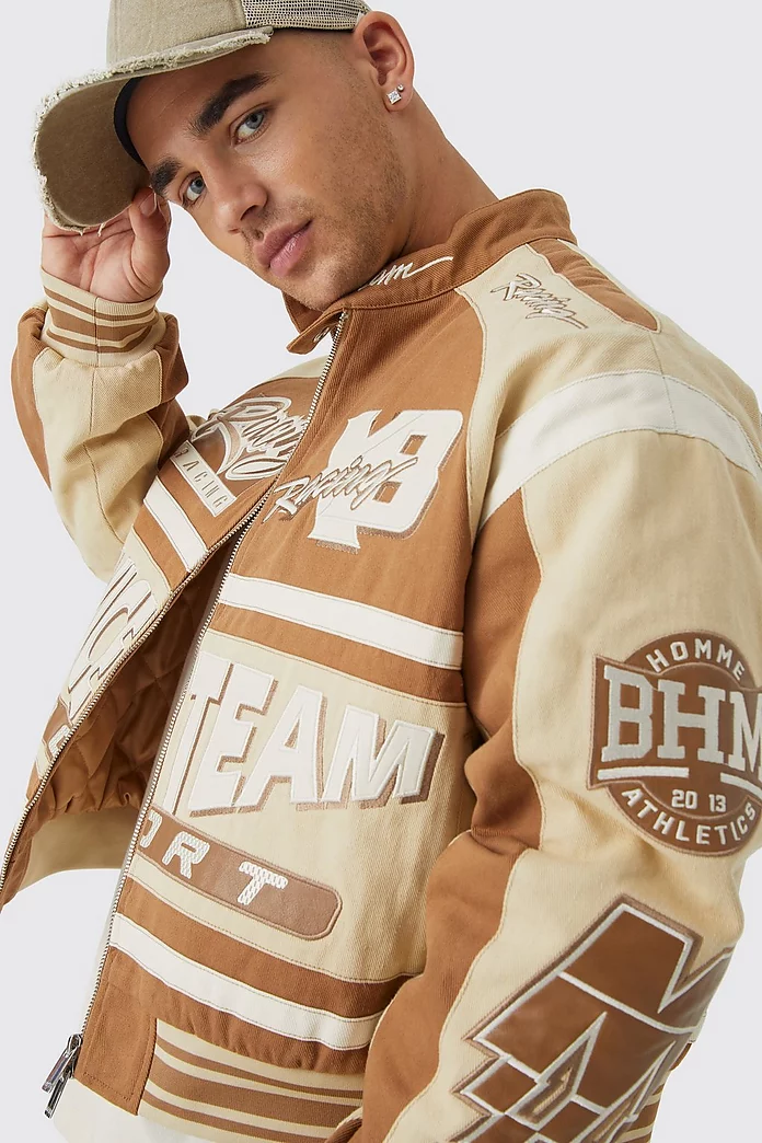 Boxy Twill Multi Badge Moto Jacket | boohooMAN USA Boxy Twill Multi Badge Moto Jacket | boohooMAN USA