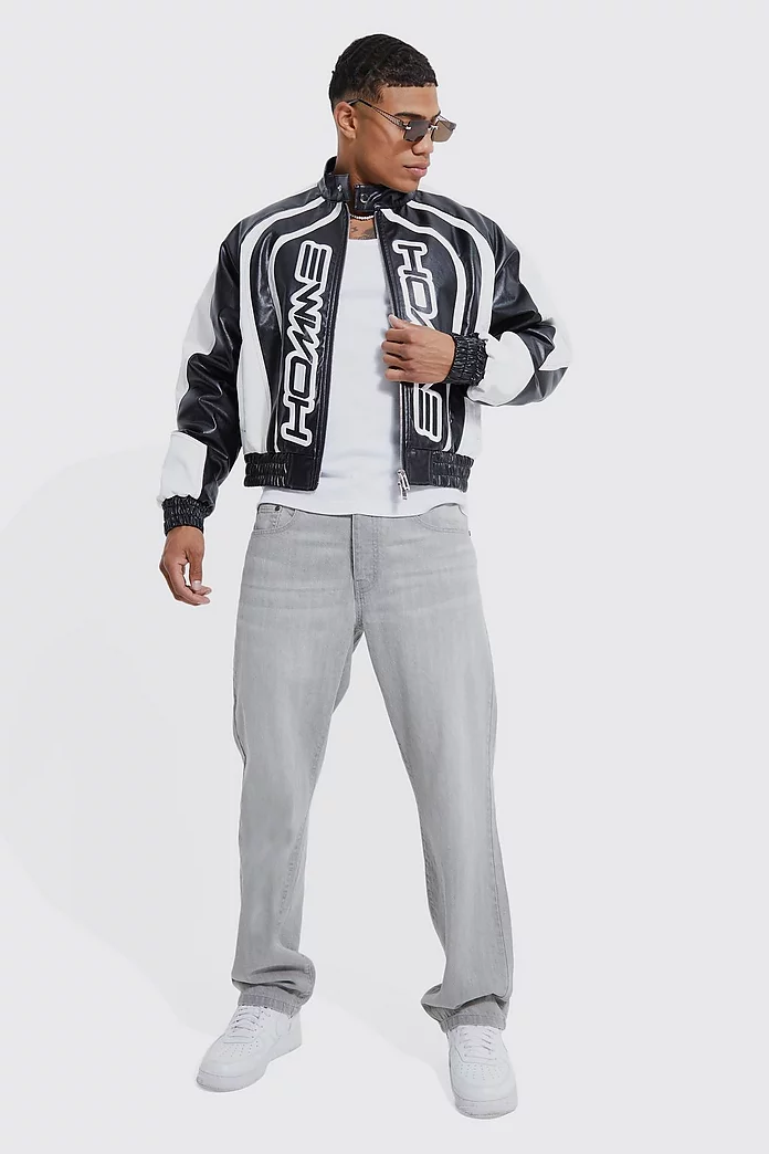 Boxy Pu Panelled Homme Moto Jacket | boohooMAN USA Boxy Pu Panelled Homme Moto Jacket | boohooMAN USA