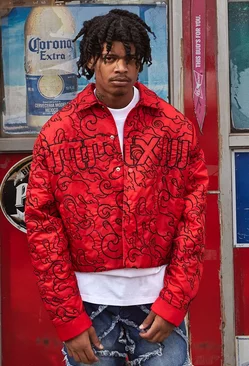 Red Boxy Padded Nylon Embroidered Collared Bomber