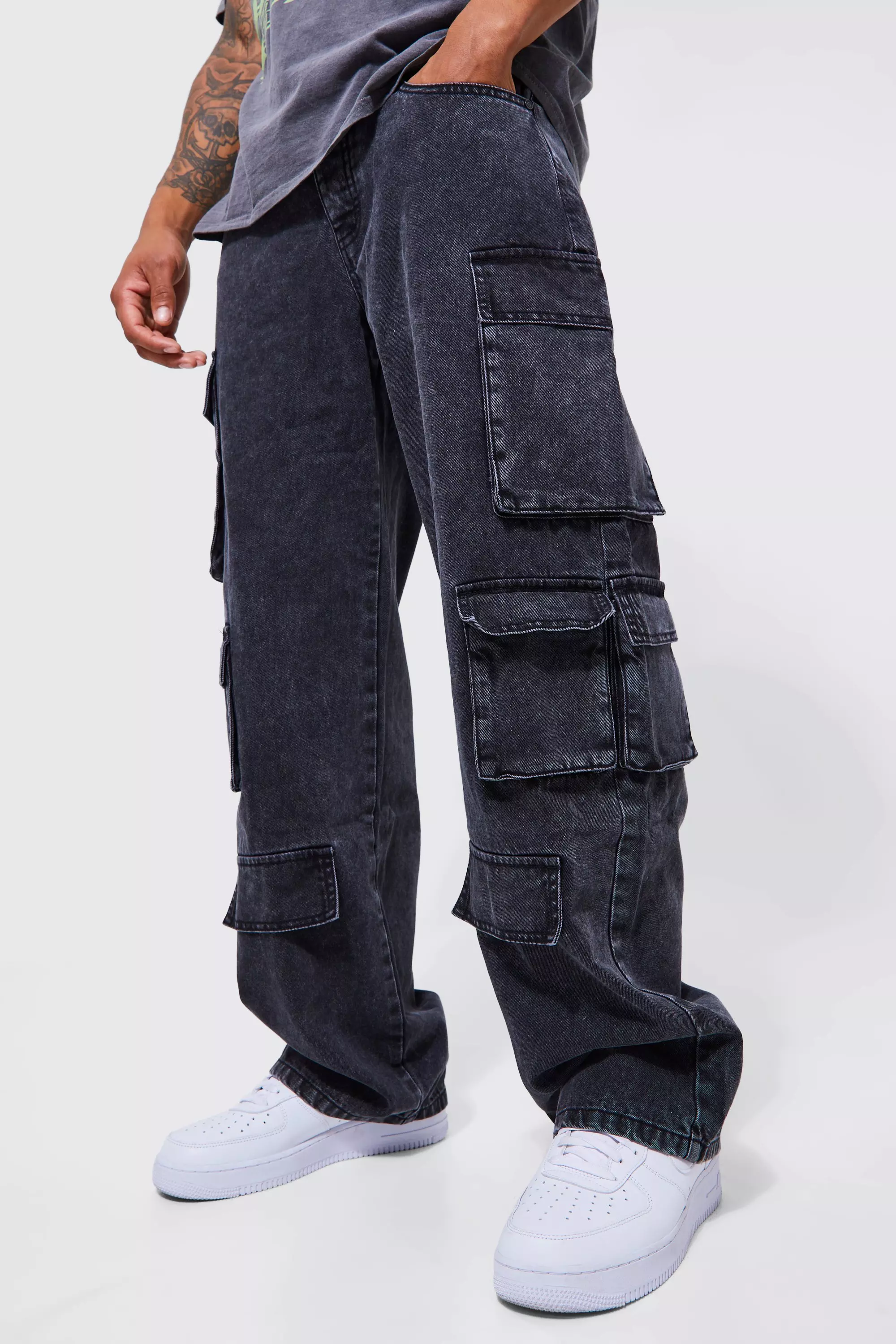 Relaxed Fit Acid Wash Cargo Jeans Charcoal