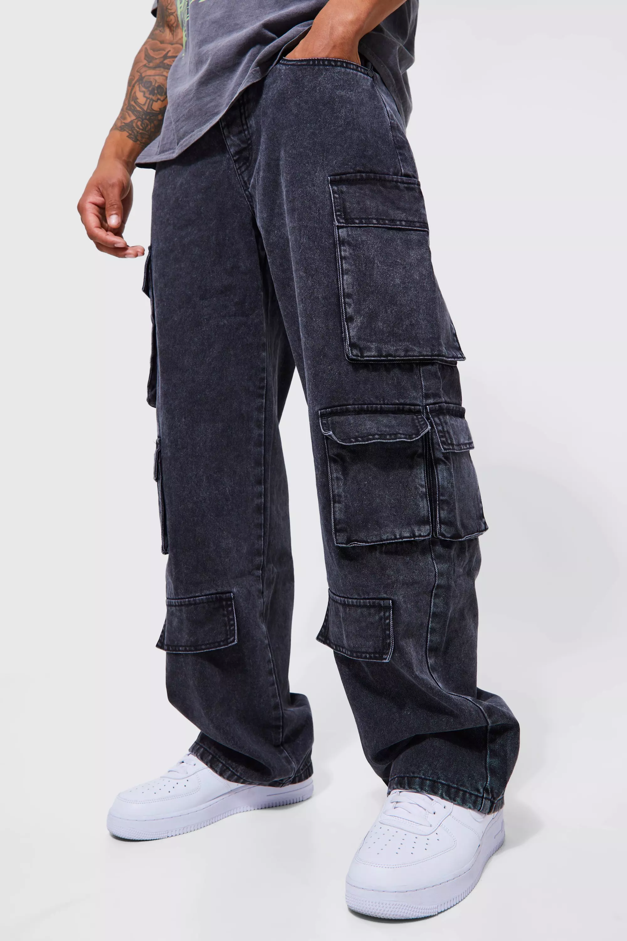 Relaxed Fit Acid Wash Cargo Jeans boohooMAN UK