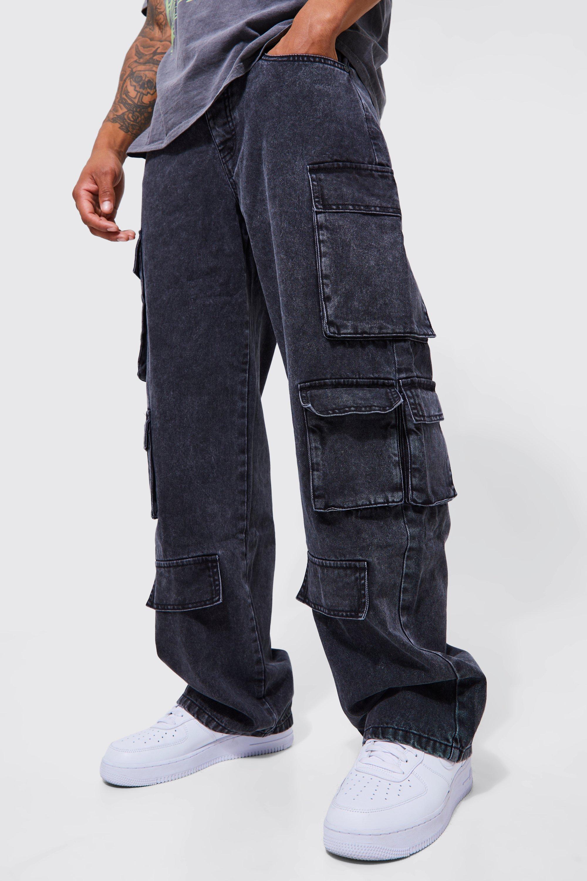 Relaxed Fit Acid Wash Cargo Jeans | boohooMAN USA