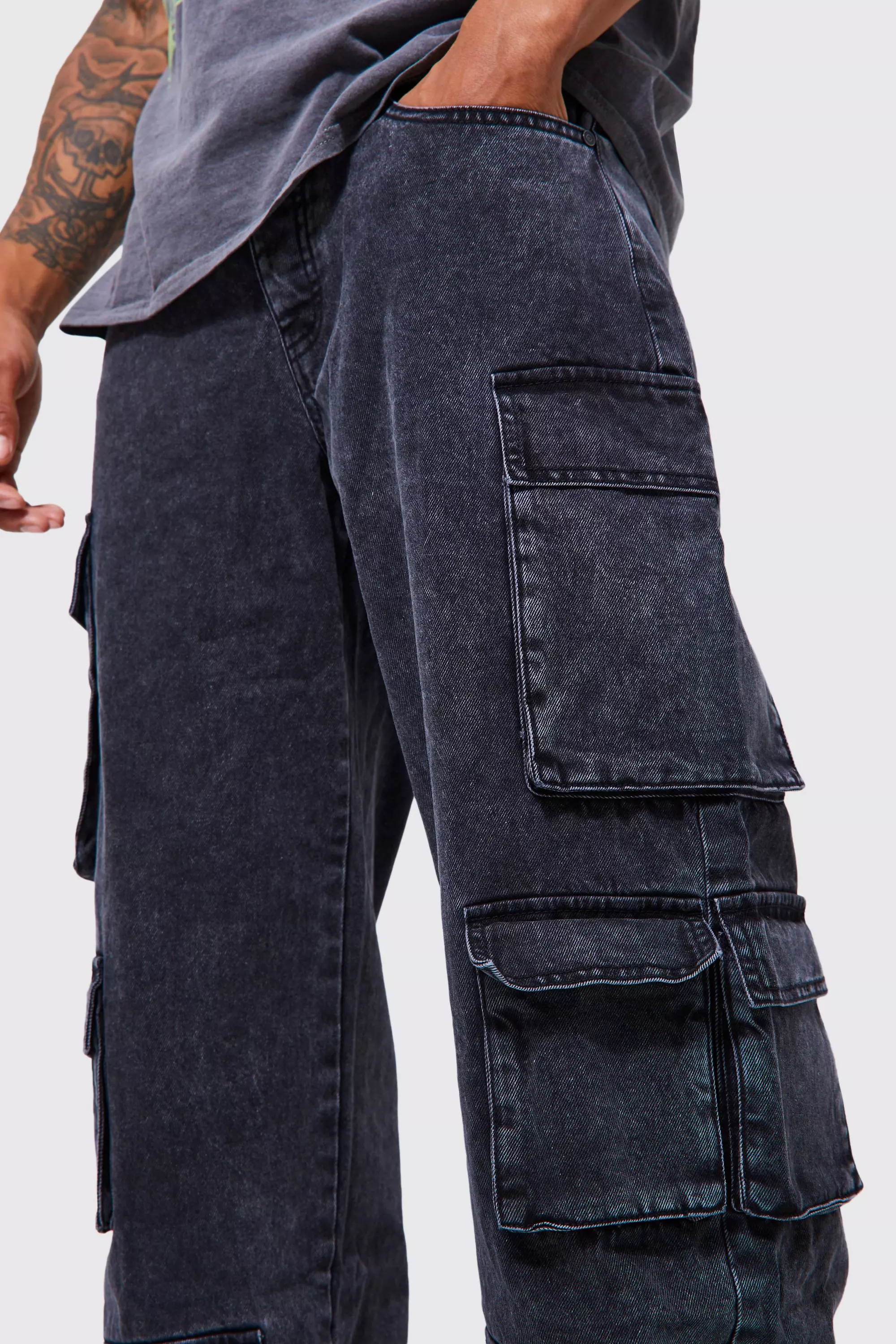 Relaxed Fit Acid Wash Cargo Jeans | boohooMAN USA