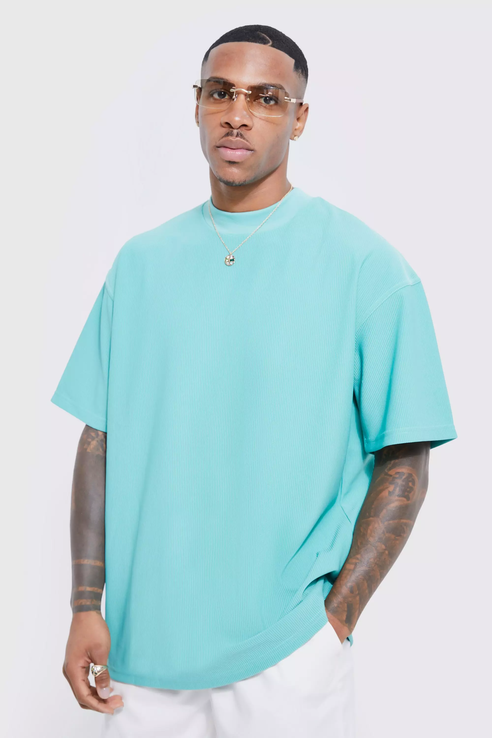 Oversized Extended Neck Ottoman Rib T-shirt Teal