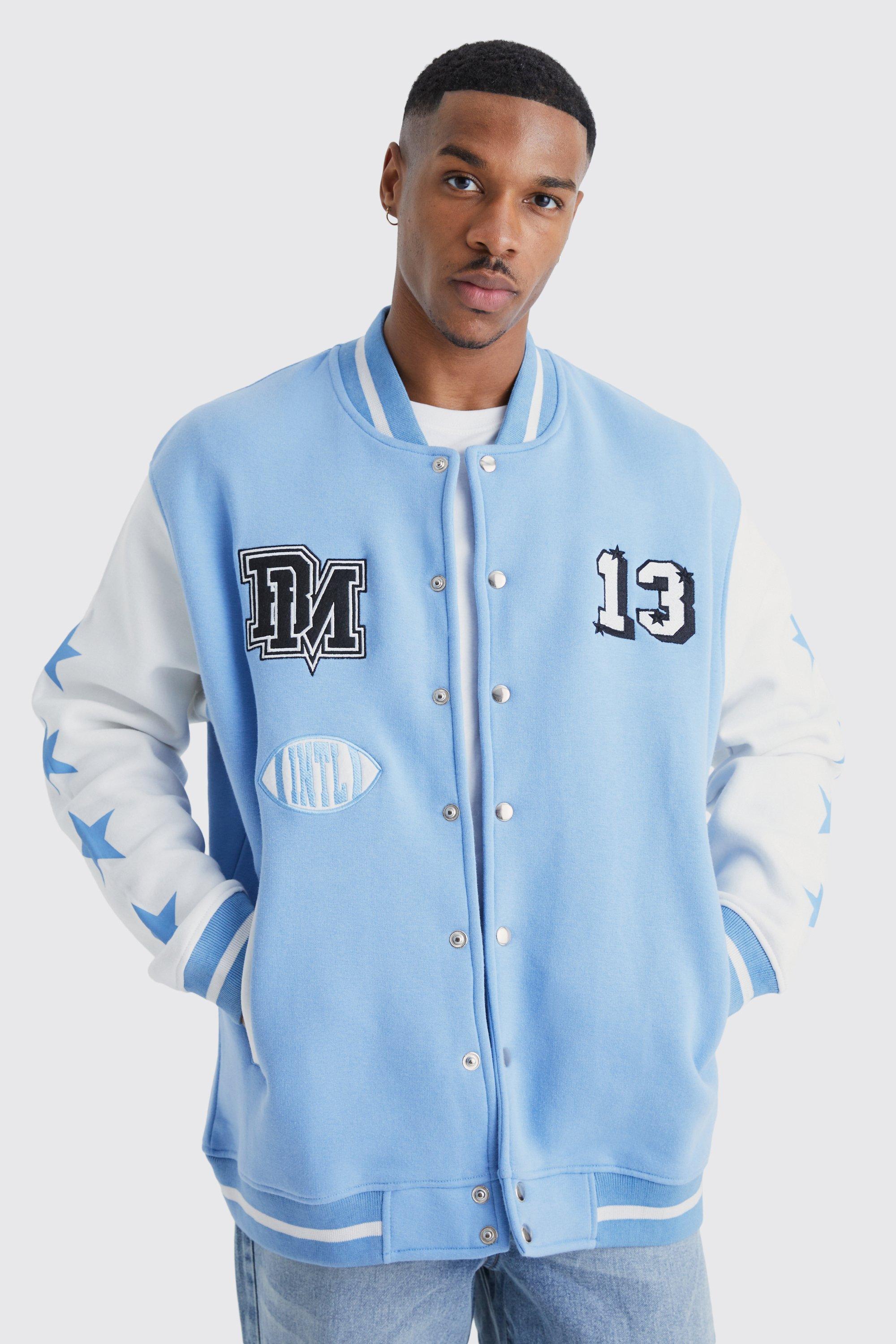 boohooMAN Mens Oversized Varsity Bomber Jacket - Blue