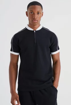 Popcorn Texture Bomber Neck Polo With Piping Black