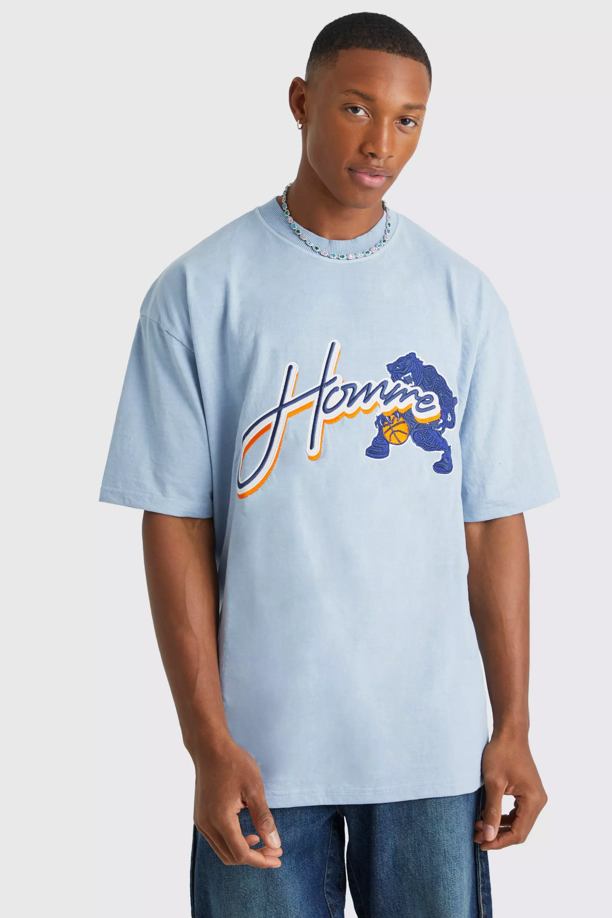 Blue Oversized Homme Washed Varsity Applique T-shirt