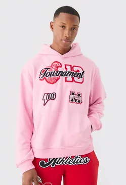 Boxy Heavyweight Tournament Applique Hoodie Pink