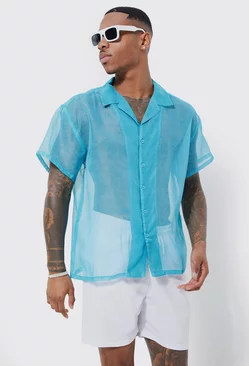 Short Sleeve Boxy Sheer Shirt Blue