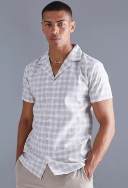 Short Sleeve Oversized Grid Flannel Shirt Ecru