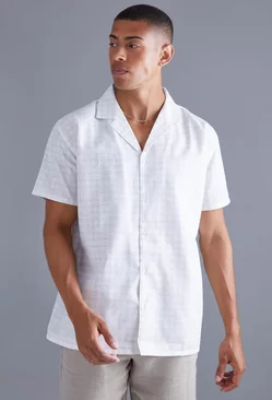 Short Sleeve Oversized Grid Flannel Shirt Ecru
