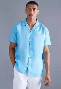 Short Sleeve Oversized Linen Look Shirt blue