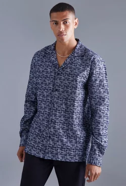 Long Sleeve Oversized Denim Look Textured Shirt Navy
