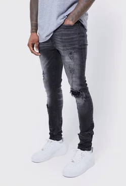 Grey Skinny Stretch Rip & Repair Self Fabric Jeans