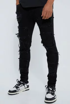 Skinny Stacked Distressed Ripped Jeans True black
