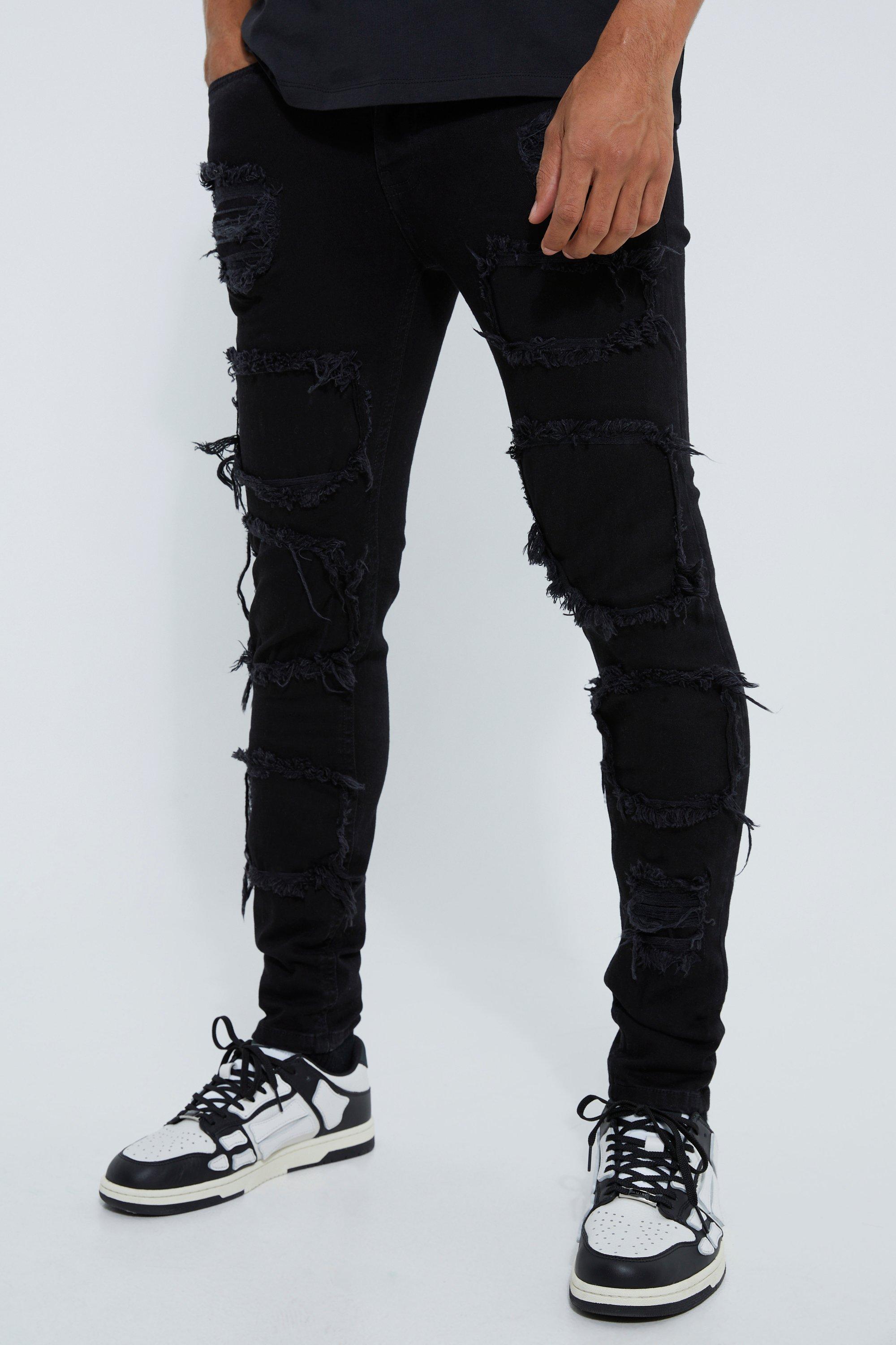 Black Ripped Jeans for Men Slim Fit Distressed Stacked Frayed Denim Pants