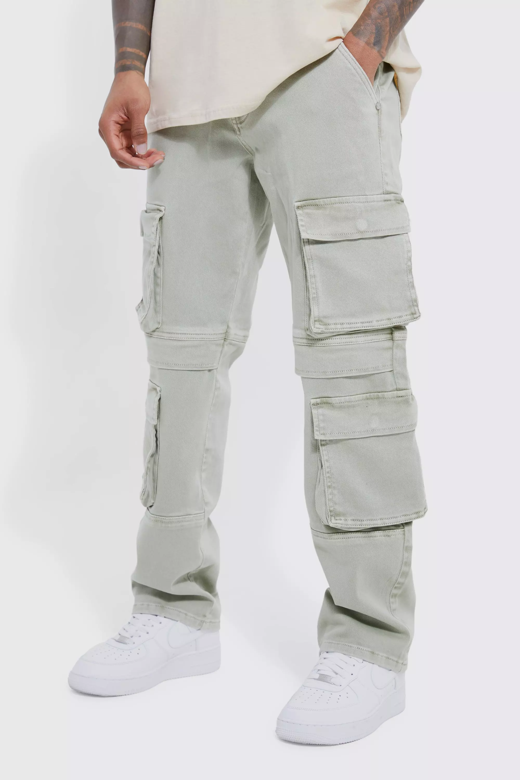 Relaxed Fit Washed Multi Pocket Cargo Jeans Sage