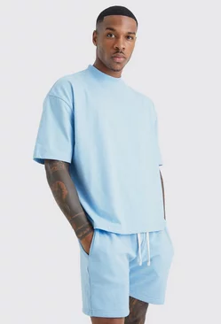 Blue Oversized Short Length T-shirt And Short Set