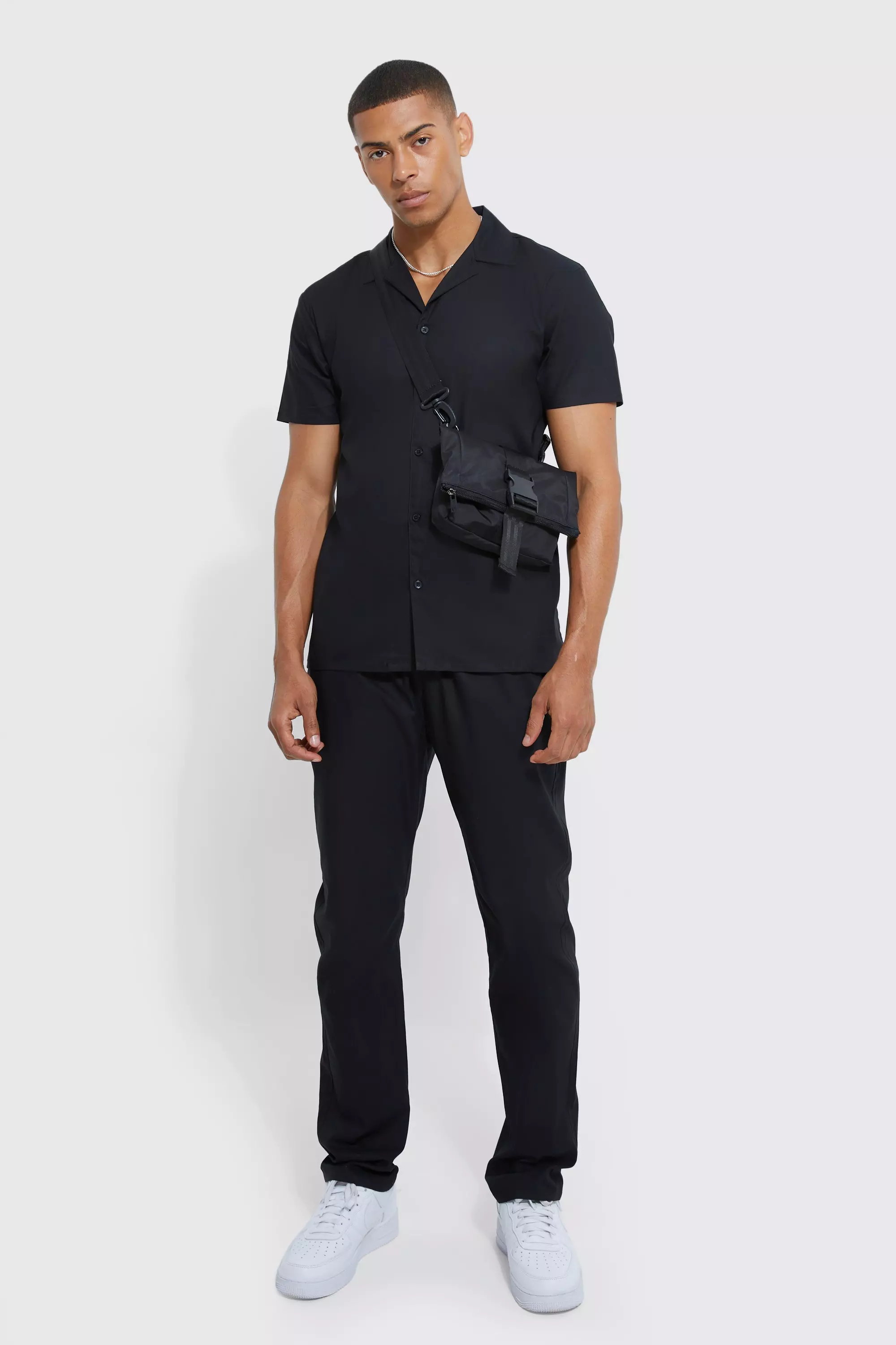 Short Sleeve Regular Tech Stretch Shirt And Slim Pants Black