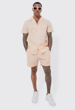Short Sleeve Regular Slub Linen Look Shirt And Short orange