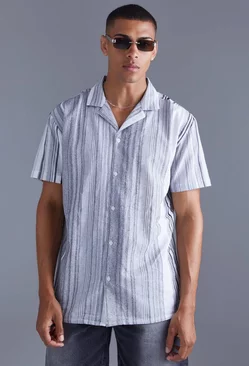 Short Sleeve Oversized Textured Stripe Shirt Grey