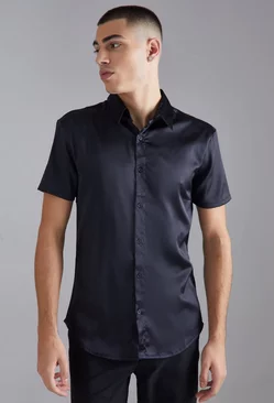 Short Sleeve Muscle Fit Stretch Satin Shirt Black