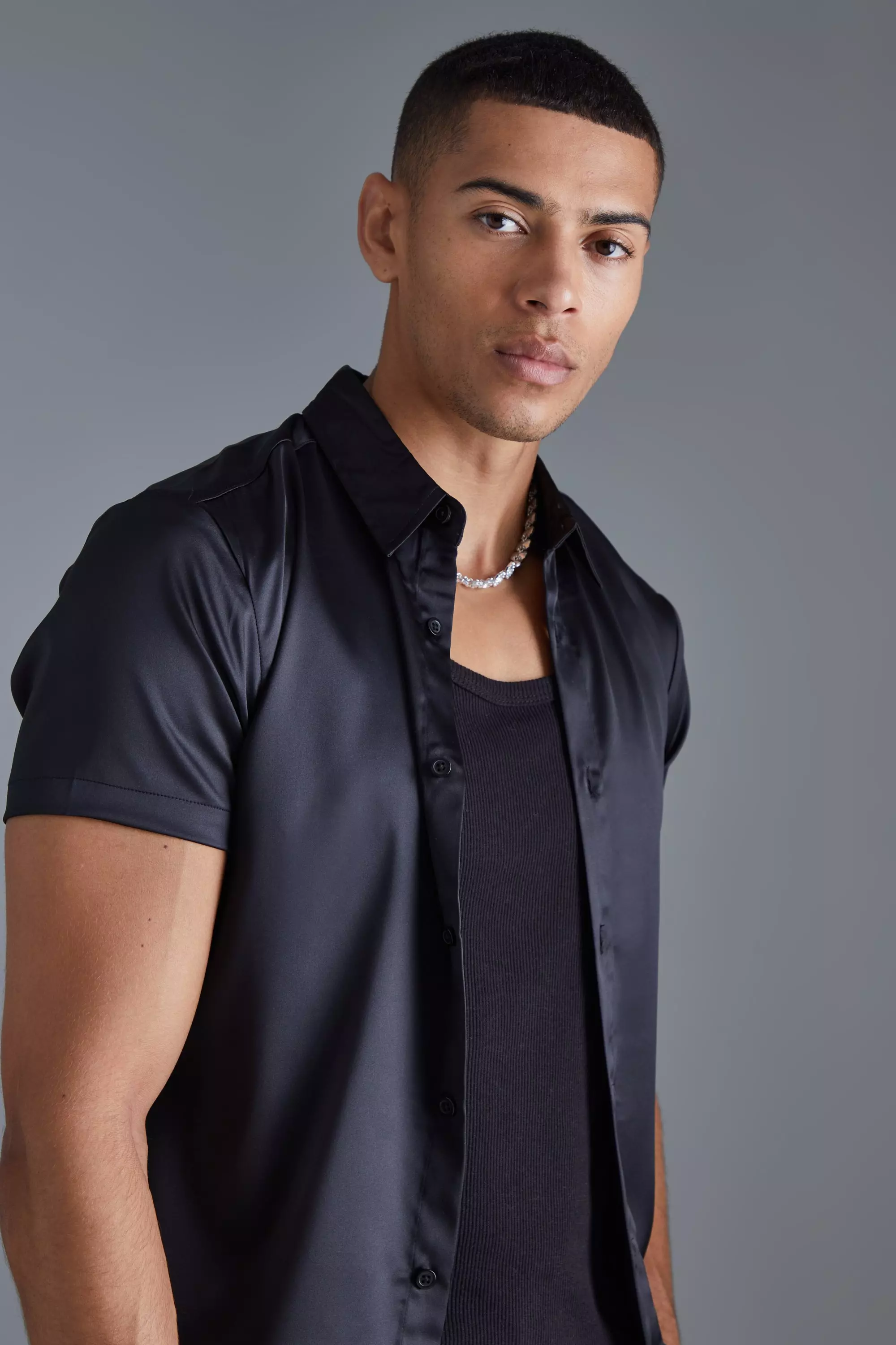 Black Short Sleeve Muscle Fit Stretch Satin Shirt