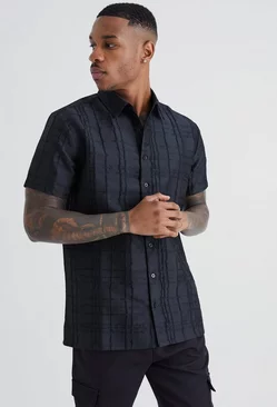 Short Sleeve Textured Tonal Flannel Shirt Black