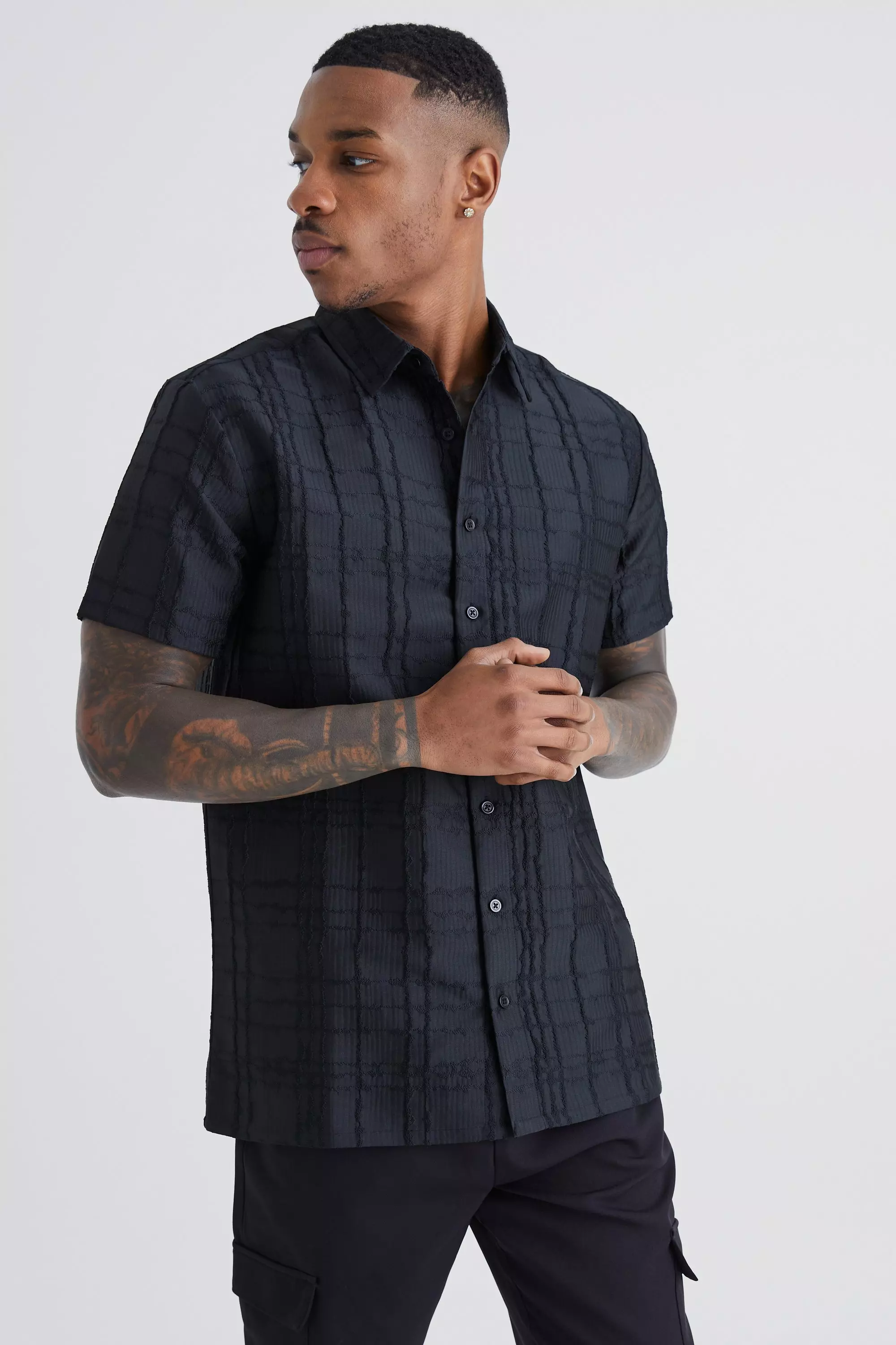 Black Short Sleeve Textured Tonal Flannel Shirt