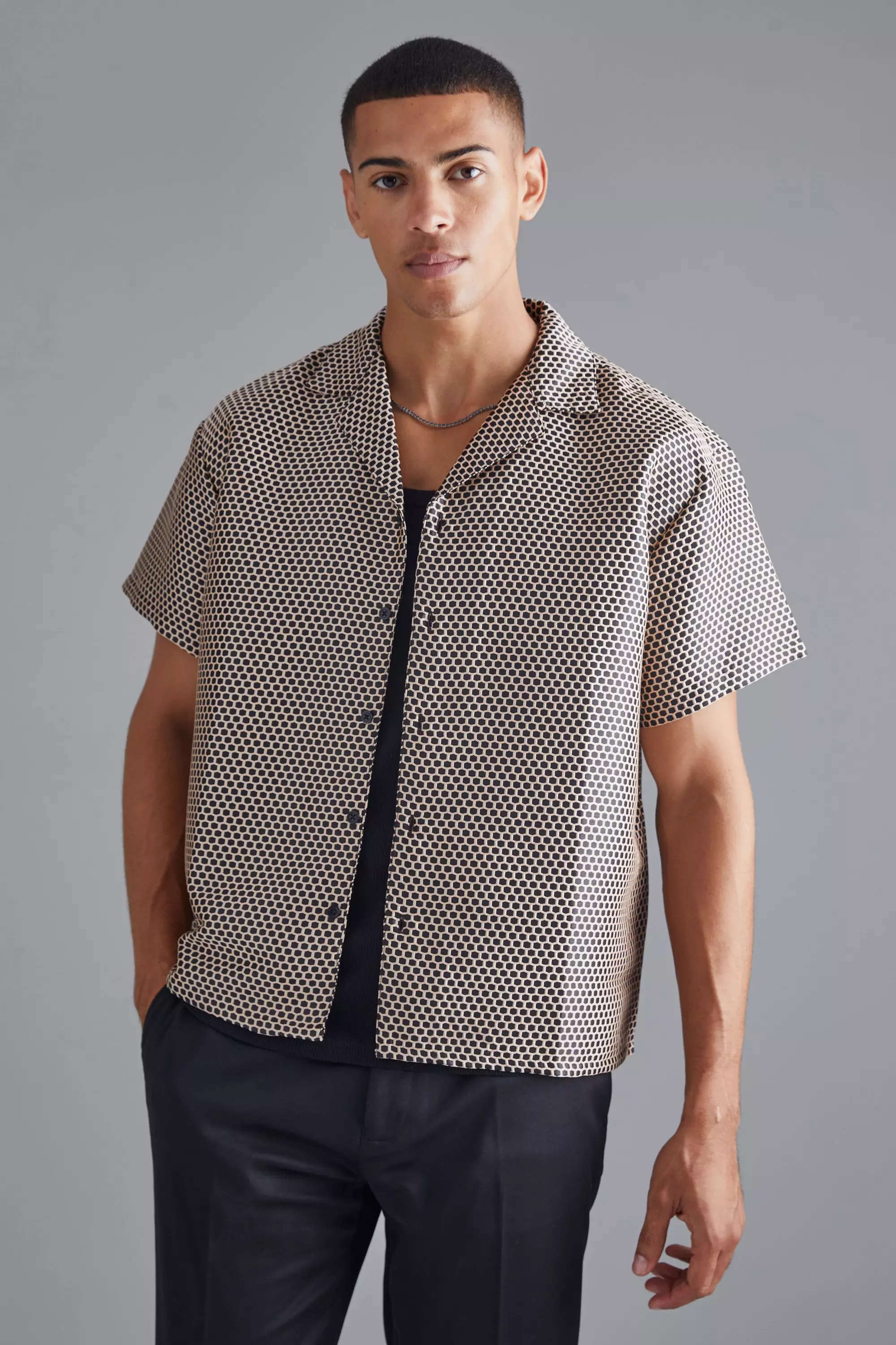 Short Sleeve Boxy Textured Perforated Shirt Ecru