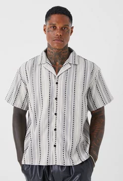 Short Sleeve Boxy Woven Textured Stripe Shirt Ecru