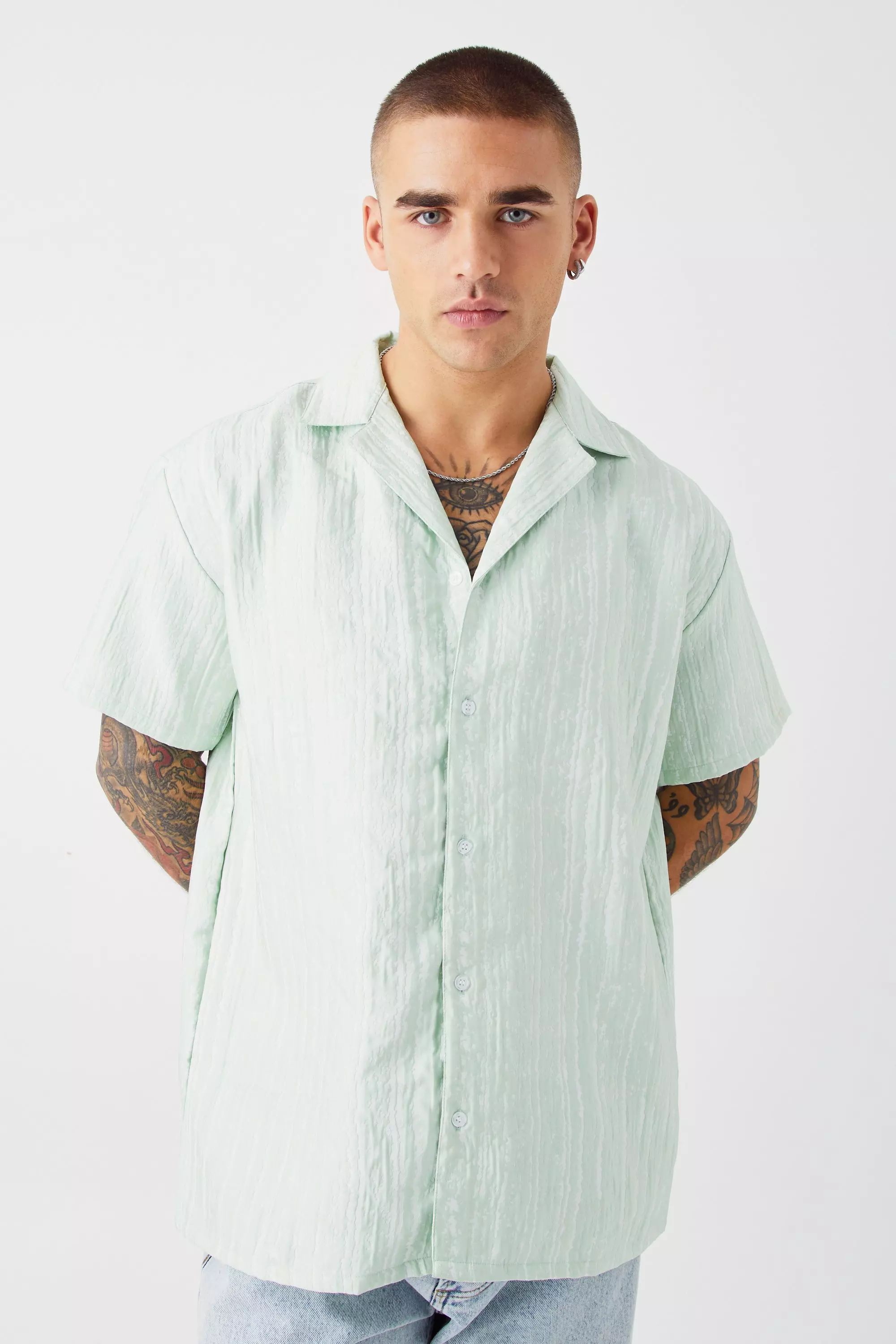 Sage Green Short Sleeve Oversized Cracked Texture Shirt