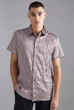 Grey Short Sleeve Crinkle Satin Sheen Shirt
