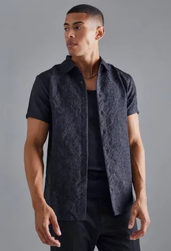 Short Sleeve Raised Textured Smart Shirt Black