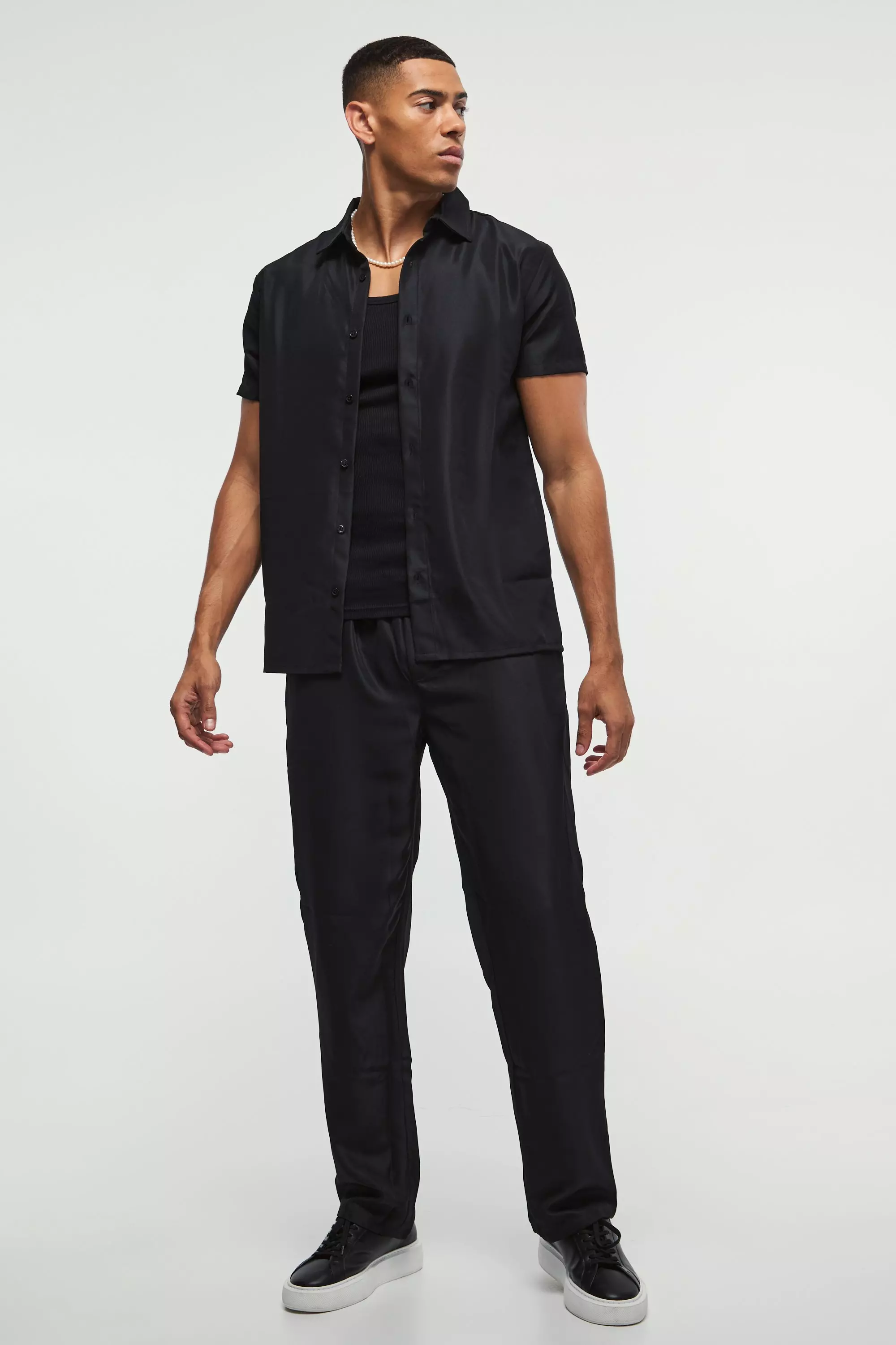 Black Short Sleeve Soft Twill Smart Shirt & Pants