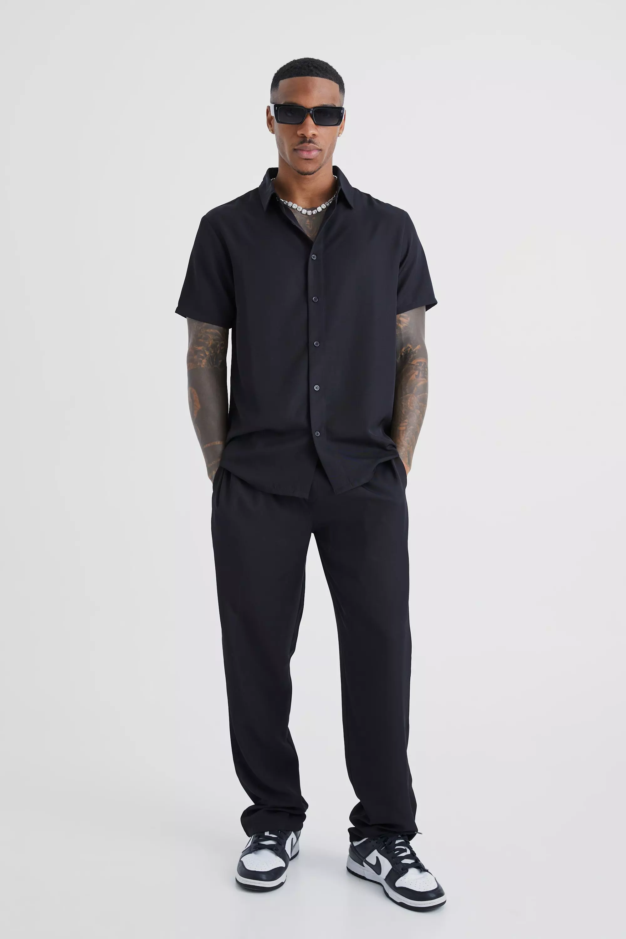 Short Sleeve Soft Twill Smart Shirt & Pants Black