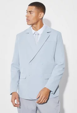 Blue Relaxed Double Breasted Suit Jacket