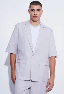 Grey Short Sleeve Oversized Single Breasted Suit Jacket