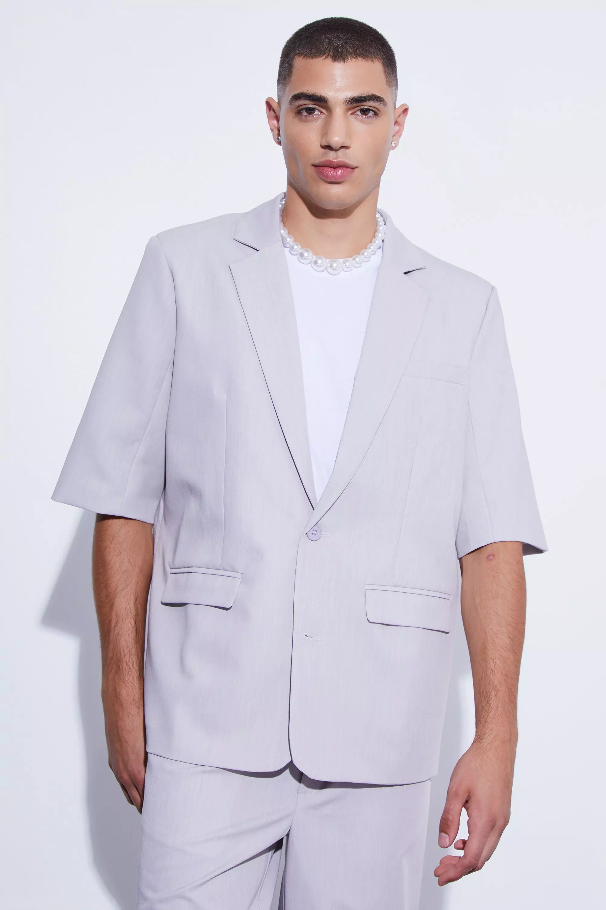 Short Sleeve Oversized Single Breasted Suit Jacket Light grey