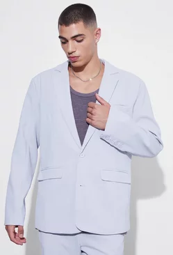 Grey Relaxed Single Breasted Crinkle Suit Jacket